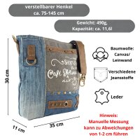 Sunsa Damentasche aus Jeansstoff. Umhängetasche mit Vintage Druckmotive