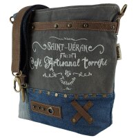 Sunsa Damentasche aus Upcycling Jeans. Umhängetasche mit Vintage Druckmotive