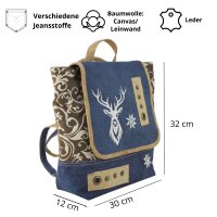 Domelo Trachten Rucksack/ Umhängetasche für Mädchen. Backpack aus Jeansstoff/Canvas Reh-Motiv