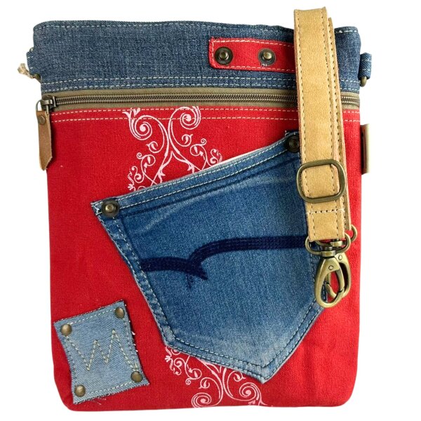 Sunsa canvas bag jeans stonewashed shoulder bag red small crossbody