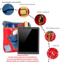 Sunsa Umhängetasche aus rote Canvas & Jeansstoff. Crossbody Bag