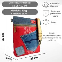Sunsa Umhängetasche aus rote Canvas & recycelter Jeans. Nachhaltige Crossbody Bag