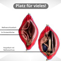 Sunsa Umhängetasche aus rote Canvas & recycelter Jeans. Nachhaltige Crossbody Bag