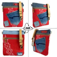 Sunsa Umhängetasche aus rote Canvas & recycelter Jeans. Nachhaltige Crossbody Bag