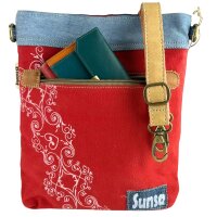 Sunsa Umhängetasche aus rote Canvas & recycelter Jeans. Nachhaltige Crossbody Bag