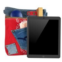 Sunsa Umhängetasche aus rote Canvas & recycelter Jeans. Nachhaltige Crossbody Bag