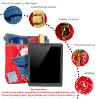 Sunsa Umhängetasche aus rote Canvas & recycelter Jeans. Nachhaltige Crossbody Bag