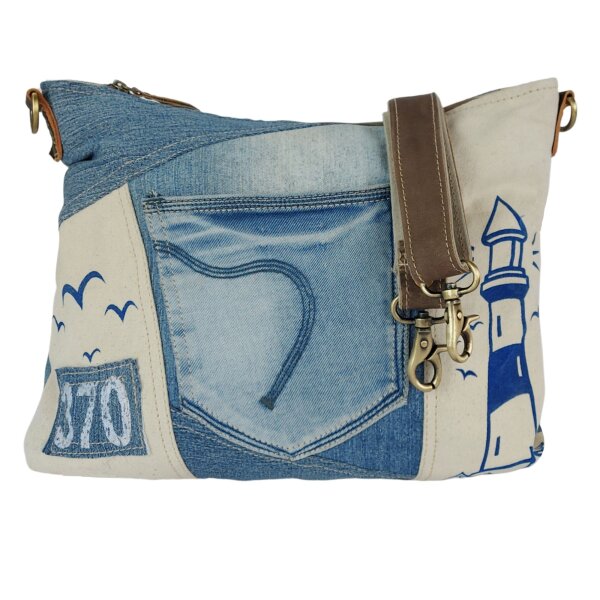 Sunsa Damen Umhängetasche aus beigem Canvas & Upcycling Jeans. Crossbody Tasche