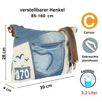 Sunsa Damen Umhängetasche aus beigem Canvas & Jeansstoff. Crossbody Tasche