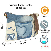 Sunsa Damen Umhängetasche aus beigem Canvas & Jeansstoff. Crossbody Tasche