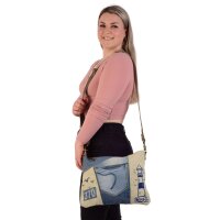 Sunsa Damen Umhängetasche aus beigem Canvas & Upcycling Jeans. Crossbody Tasche