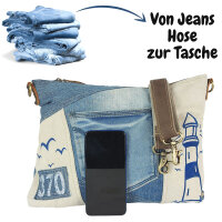 Sunsa Damen Umhängetasche aus beigem Canvas & Upcycling Jeans. Crossbody Tasche