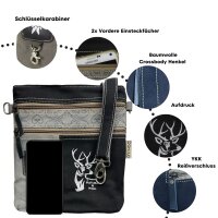 Domelo Umhängetasche. Canvas Trachtentasche mit Hirsch-Motiv, grau/ schwarz