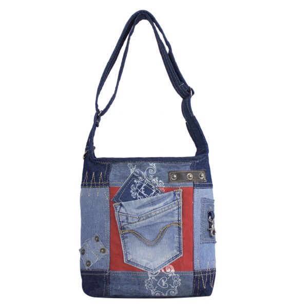 Sunsa Damen Hobo Umhängetasche aus Upcycling Jeans & rote Canvas. Damentasche