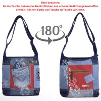 Sunsa Damen Hobo Umhängetasche aus Jeansstoff & rote Canvas. Damentasche