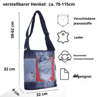 Sunsa Damen Hobo Umhängetasche aus Jeansstoff & rote Canvas. Damentasche