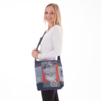 Sunsa Damen Hobo Umhängetasche aus Upcycling Jeans & rote Canvas. Damentasche