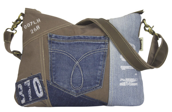 Sunsa Damen Umhängetasche aus braune Canvas & recycelter Jeans. Nachhaltige Crossbody Tasche