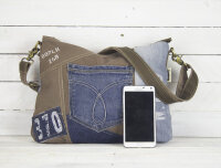 Sunsa Damen Umhängetasche aus braune Canvas & recycelter Jeans. Nachhaltige Crossbody Tasche