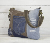 Sunsa Damen Umhängetasche aus braune Canvas & recycelter Jeans. Nachhaltige Crossbody Tasche
