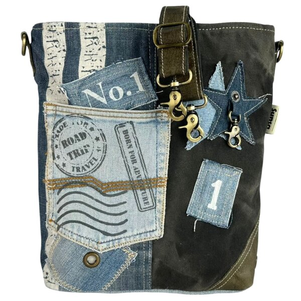 Sunsa Umhängetasche aus recycelter Jeans und schwarzem Canvas. Nachhaltige Damen Crossbody Bag