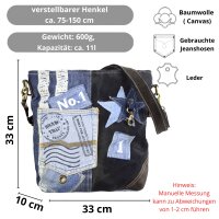 Sunsa Umhängetasche aus recycelter Jeans und schwarzem Canvas. Nachhaltige Damen Crossbody Bag