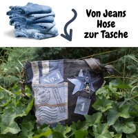 Sunsa Umhängetasche aus recycelter Jeans und schwarzem Canvas. Nachhaltige Damen Crossbody Bag