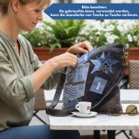 Sunsa Umhängetasche aus recycelter Jeans und schwarzem Canvas. Nachhaltige Damen Crossbody Bag