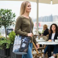 Sunsa Umhängetasche aus recycelter Jeans und schwarzem Canvas. Nachhaltige Damen Crossbody Bag