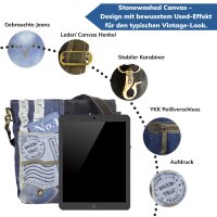 Sunsa Umhängetasche aus recycelter Jeans und schwarzem Canvas. Nachhaltige Damen Crossbody Bag