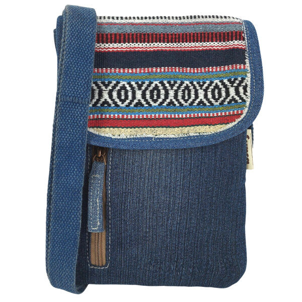 Sunsa Damen Handy Tasche, kleine Umhängetasche aus Jeansstoff & gewebte Baumwolle. Vegane Crossover bag mit Streifen