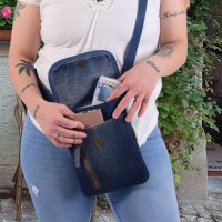 Sunsa Damen Handy Tasche, kleine Umhängetasche aus Jeansstoff & gewebte Baumwolle. Vegane Crossover bag mit Streifen