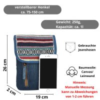 Sunsa Damen Handy Tasche, kleine Umhängetasche aus Upcycling Jeans & gewebte Baumwolle. Vegane Crossover bag mit Streifen