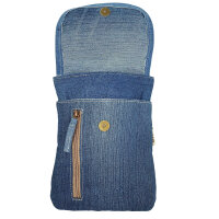 Sunsa Damen Handy Tasche, kleine Umhängetasche aus Upcycling Jeans & gewebte Baumwolle. Vegane Crossover bag mit Streifen