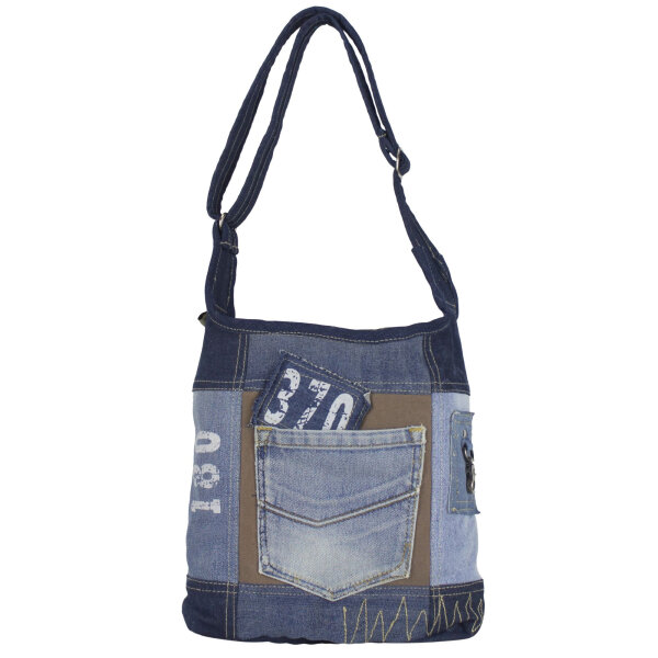 Sunsa Hobo Tasche aus recycelter Jeans & braune Canvas. Umhängetasche mit verstellbarem Henkel