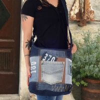 Sunsa Hobo Tasche aus recycelter Jeans & braune Canvas. Umhängetasche mit verstellbarem Henkel