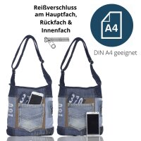 Sunsa Hobo Tasche aus recycelter Jeans & braune Canvas. Umhängetasche mit verstellbarem Henkel