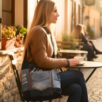 Sunsa Hobo Tasche aus recycelter Jeans & braune Canvas. Umhängetasche mit verstellbarem Henkel