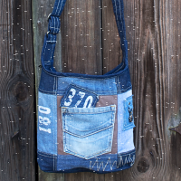 Sunsa Hobo Tasche aus Upcycling Jeans & braune Canvas. Umhängetasche mit verstellbarem Henkel