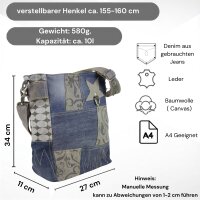 Sunsa Damen Umhängetasche in Patchwork Design. Crossbody aus Canvas & Upcycling Jeans