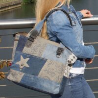 Sunsa Damenhandtasche aus Upcycling Jeans & graue Canvas. Shopper in Patchwork Design