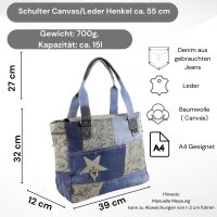 Sunsa Damenhandtasche aus Upcycling Jeans & graue Canvas. Shopper in Patchwork Design
