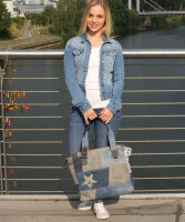 Sunsa Damenhandtasche aus Upcycling Jeans & graue Canvas. Shopper in Patchwork Design