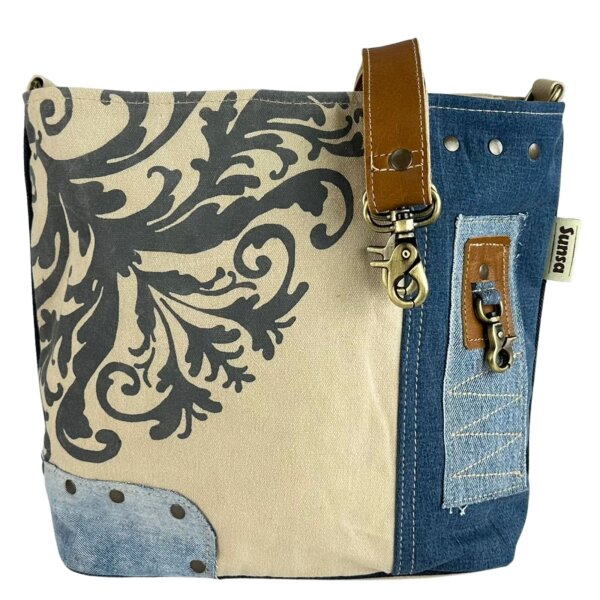 Sunsa Umhängetasche aus recycelter Jeans & Canvas. Nachhaltige Crossbody mit Mandala Motiv