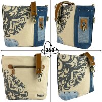 Sunsa Umhängetasche aus recycelter Jeans & Canvas. Nachhaltige Crossbody mit Mandala Motiv