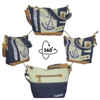 Sunsa Damen Canvas Tasche Umhängetasche stone washed Jeans Schultertasche Maritim blau Anker