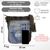 Sunsa Messenger Umhängetasche aus recycelter Jeans und schwarzem Canvas. Nachhaltige Tasche