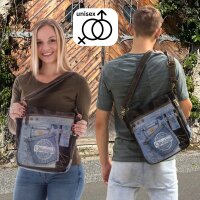 Sunsa Messenger Umhängetasche aus recycelter Jeans und schwarzem Canvas. Nachhaltige Tasche