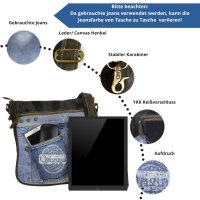 Sunsa Messenger Umhängetasche aus recycelter Jeans und schwarzem Canvas. Nachhaltige Tasche