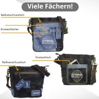 Sunsa Messenger Umhängetasche aus Upcycling Jeans und schwarzem Canvas. Tasche
